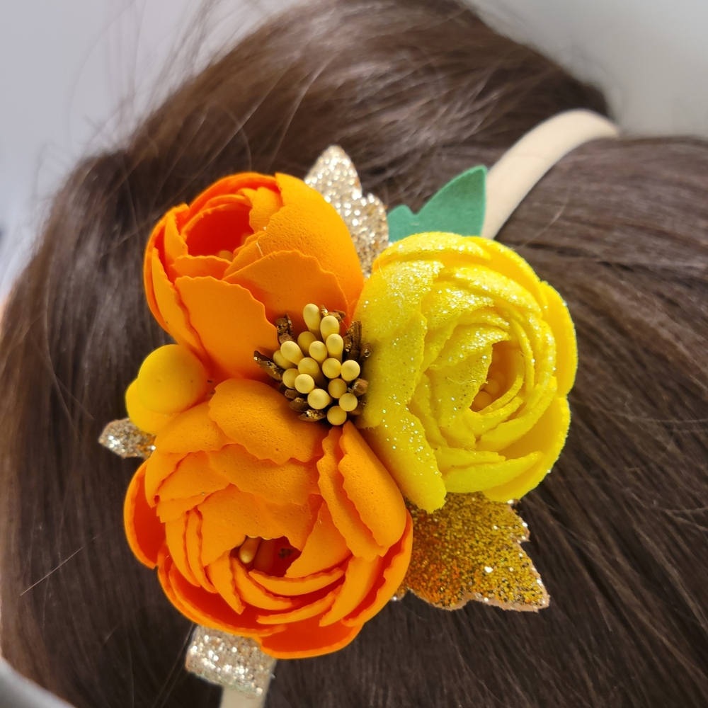 Floral blossom Hair Clip Headband Baby Toddler Girls  Fall Orange Thanksgiving